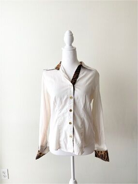 Jones New York Cream Button-Down Blouse with Leopard Trim